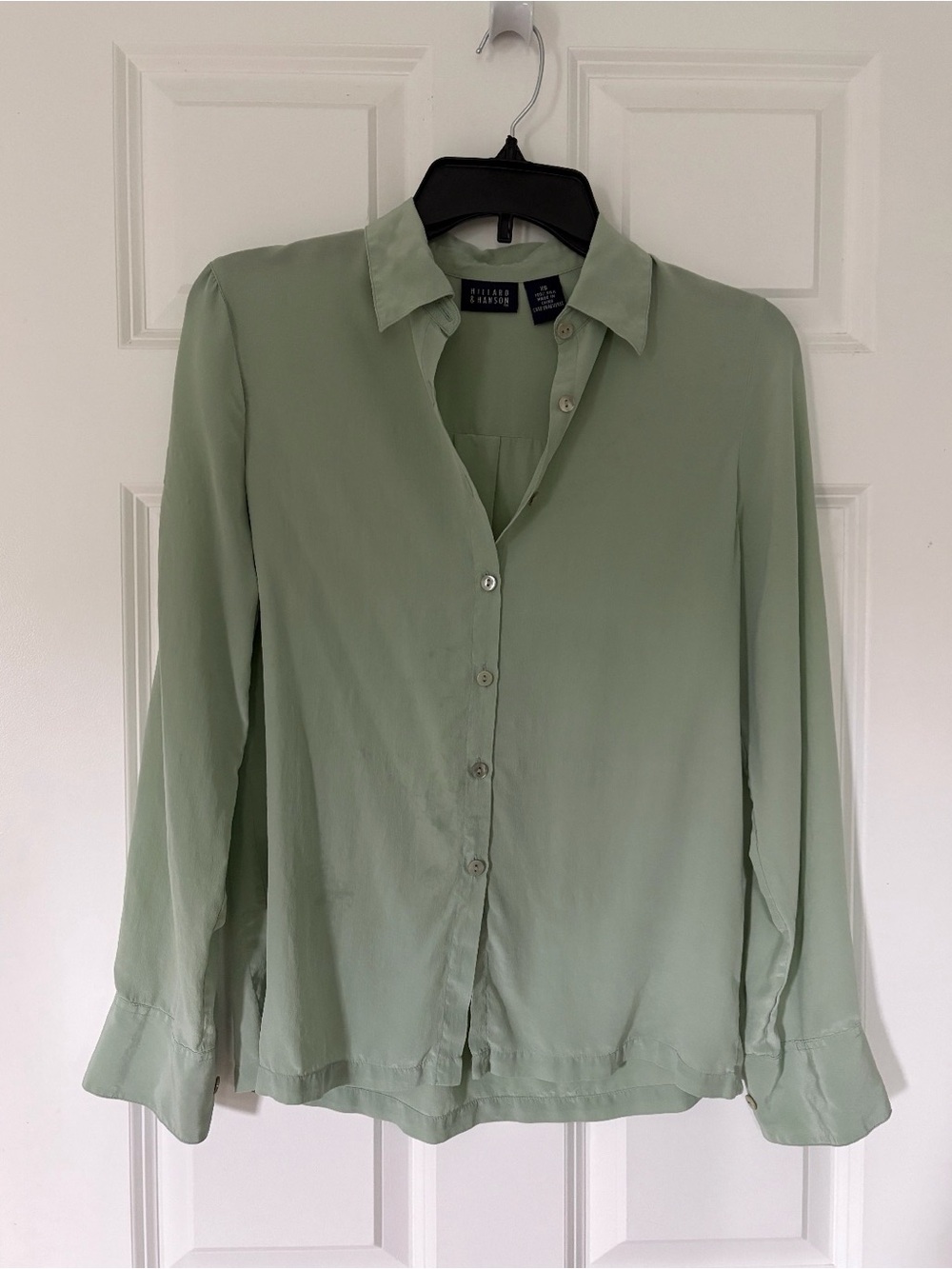 100% Silk Light Sage Green Button-Down Blouse